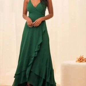 Lulu’s In Love Forever Emerald Green Lace-Up High-Low Maxi Dress
